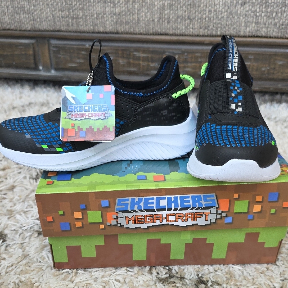 Skechers Kids Black & Blue Mega-Craft Slip-On Sneakers with Neon Green Accents
